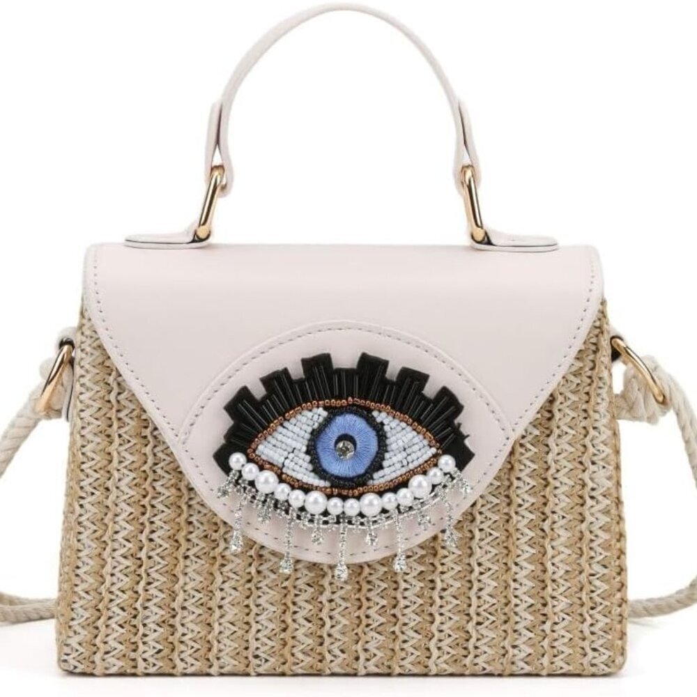 Bohemian Straw Handbag with Evil Eye Embellishment Crossbody Tote for Women